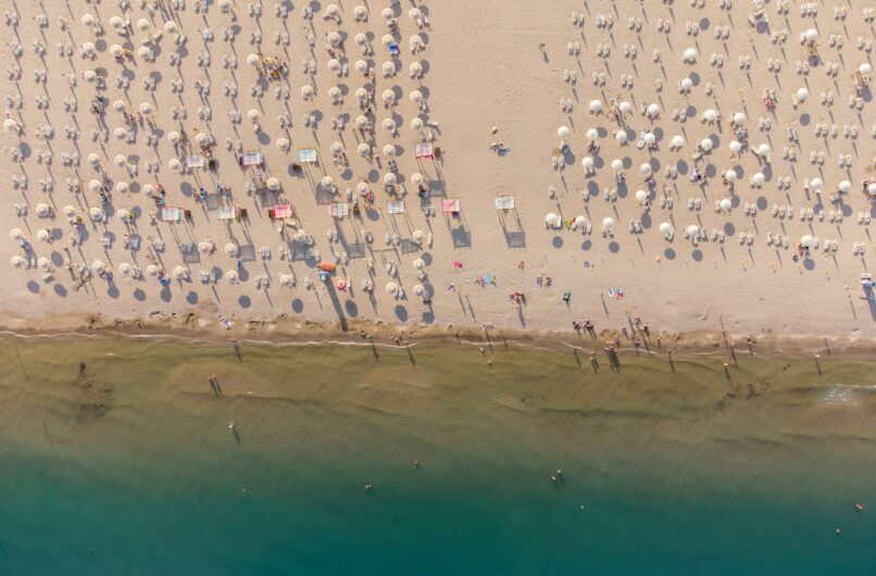 Aerial View Of People Crowd Relaxing On Beach In Albena, Bulgaria